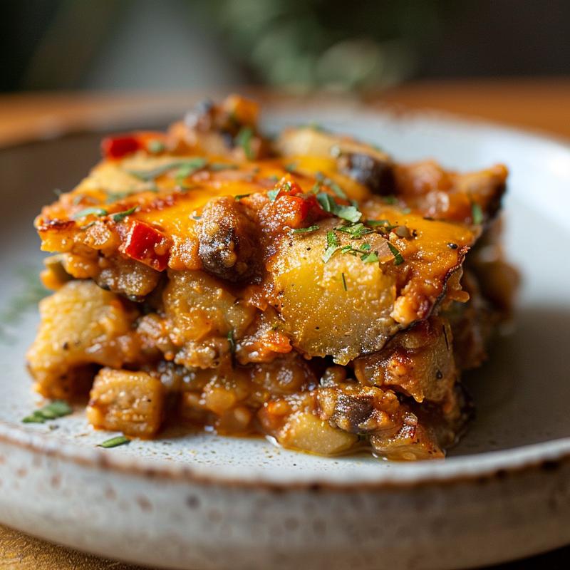 Close-up of a vibrant vegan and paleo casserole served on a light grey ceramic plate.