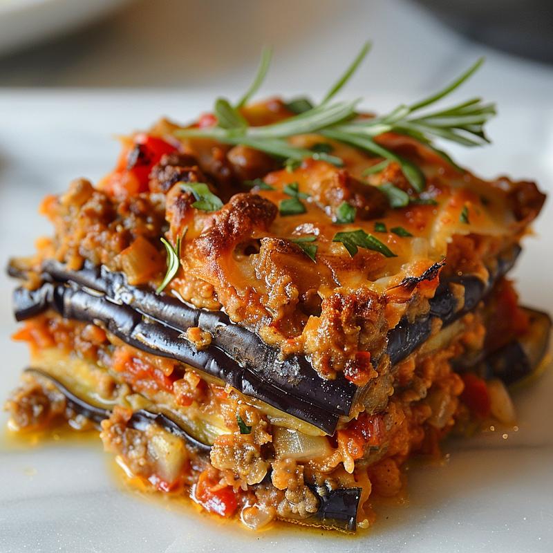 Close-up of a delicious serving of Claudia Sanders eggplant casserole on a white marble surface.