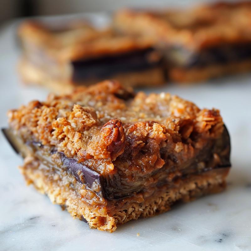 Close-up of a creamy eggplant casserole topped with crushed Ritz crackers on a white marble surface.
