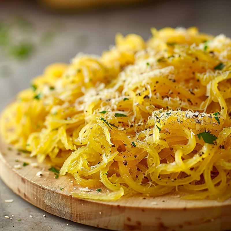 A close-up view of a delicious serving of spaghetti squash pasta on a wooden board, highlighting its texture and colors.