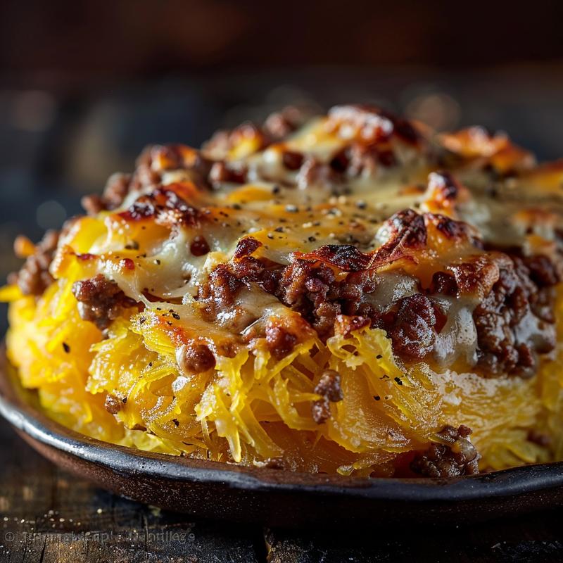 Close-up of a serving of spaghetti squash casserole topped with ground beef, showcasing rich textures and colors.