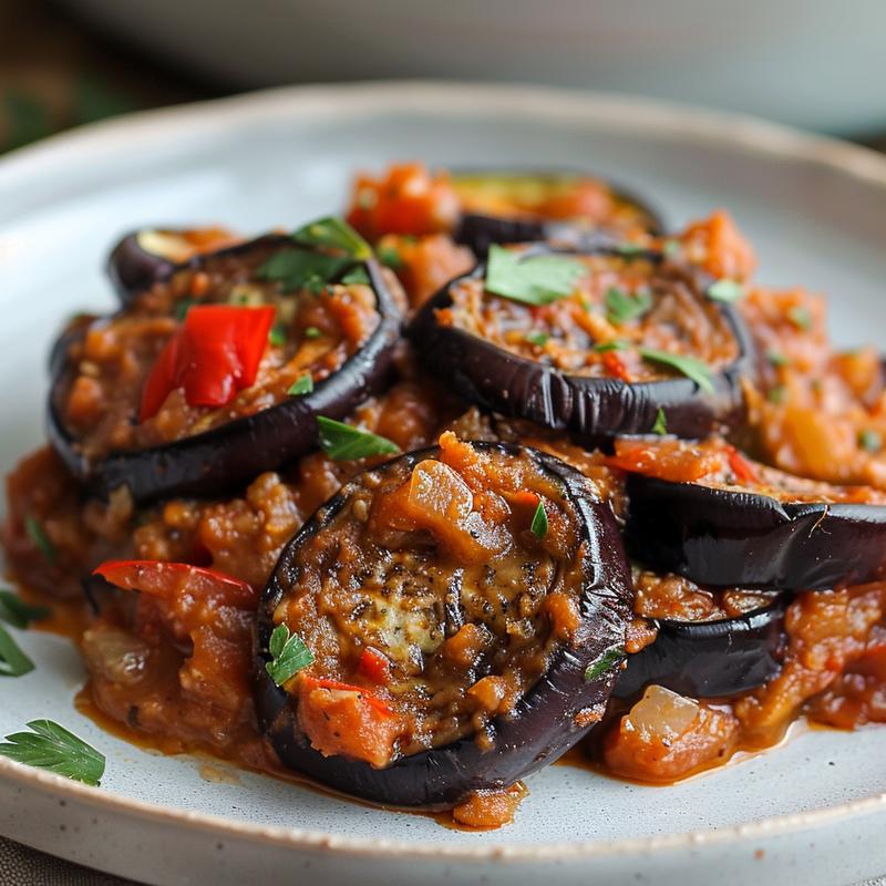 Close-up of a portion of eggplant casserole on a grey ceramic plate, showcasing its texture and layers.