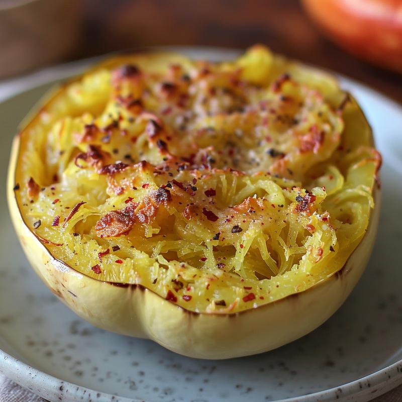 Close-up of baked spaghetti squash on a light grey plate with natural light highlighting its texture.