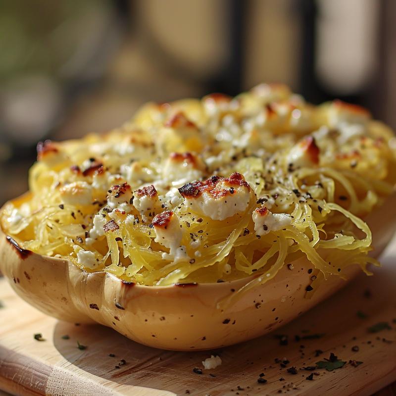 Close-up of a delicious baked feta spaghetti squash served on a wooden board.