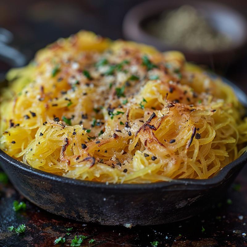Close-up of roasted spaghetti squash served on a rustic cast iron surface.