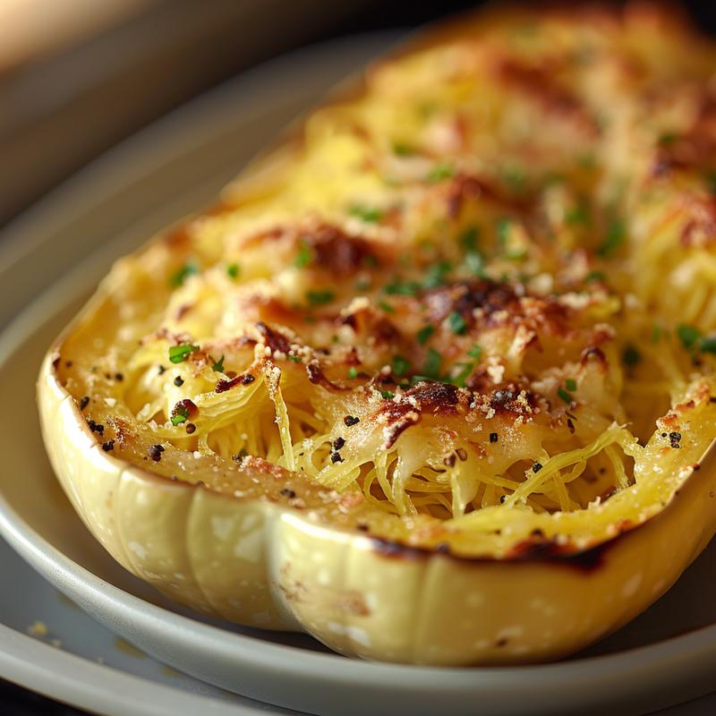 Close-up of baked spaghetti squash in a light grey ceramic plate on a wooden surface.