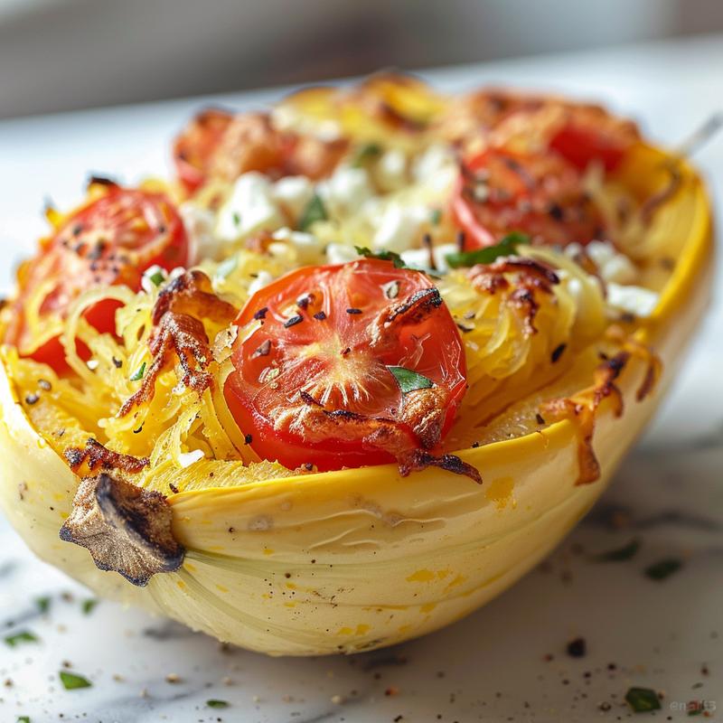 Close-up of baked feta and tomato spaghetti squash on a white marble surface, showcasing vibrant colors and textures.