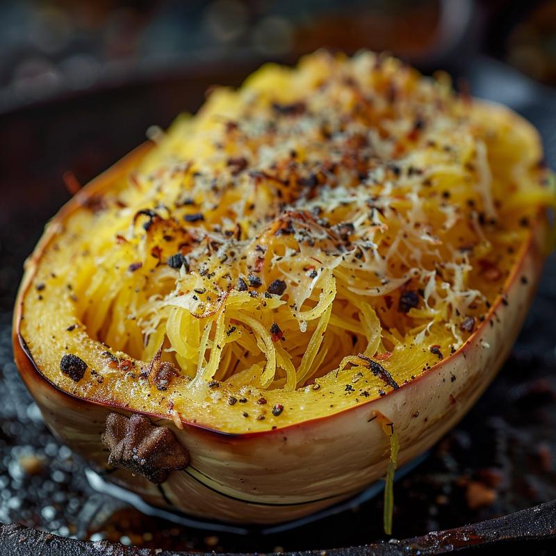 Close-up of a whole roast spaghetti squash on a cast iron surface, showcasing its golden-brown exterior.