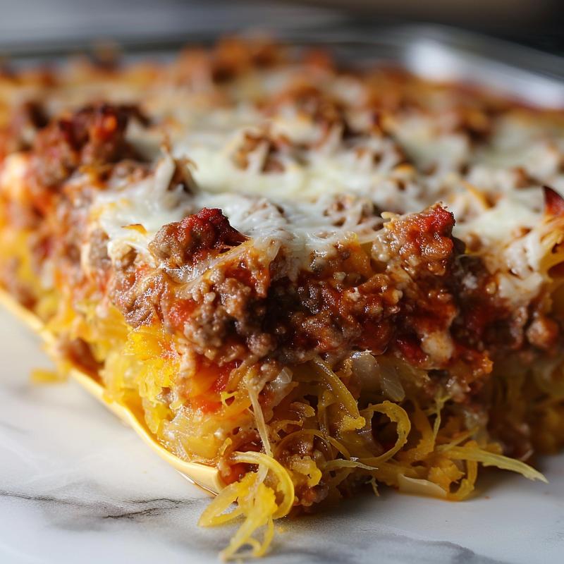 Close-up of a portion of spaghetti squash lasagna casserole on a white marble surface, showcasing its rich layers and textures.
