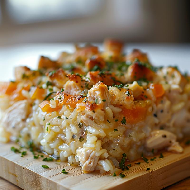 Close-up of a serving of chicken and rice casserole on a wooden board, showcasing its creamy texture.