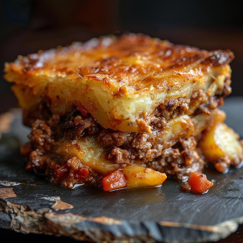 Close-up of hobo casserole with ground beef on a rustic chipped slate plate, showcasing rich textures.