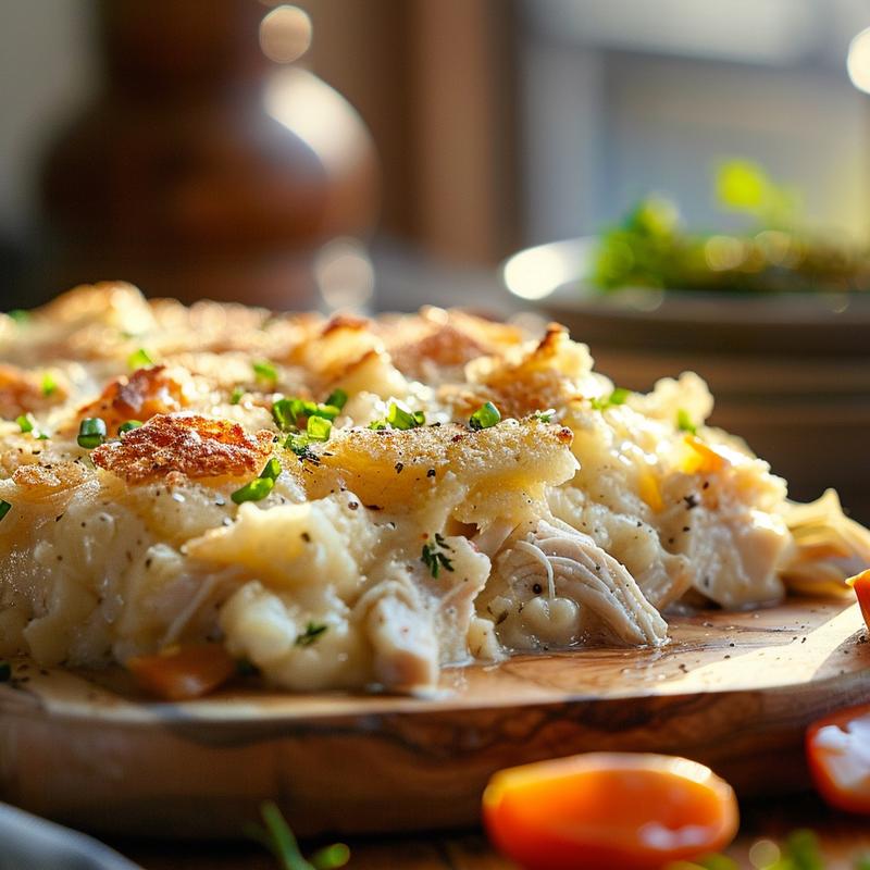 Close-up of a golden, cheesy chicken casserole on a light wood board.