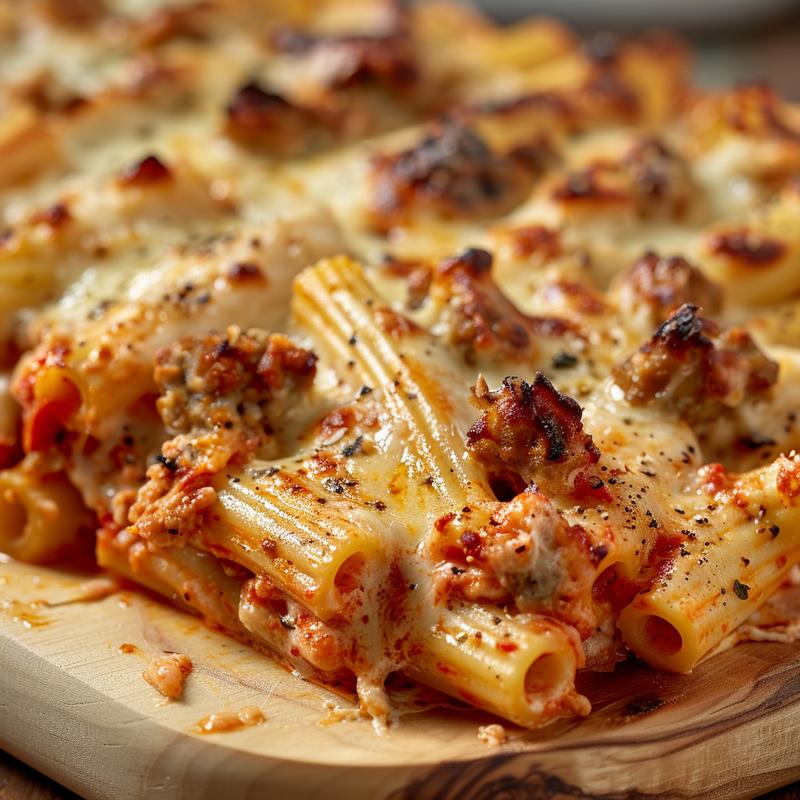 Close-up of a cheesy baked ziti portion on a wooden board.