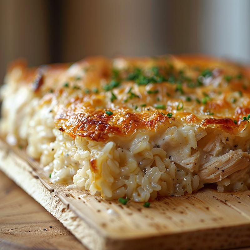 Close-up of creamy Ritz chicken and rice casserole served on a natural wood board.