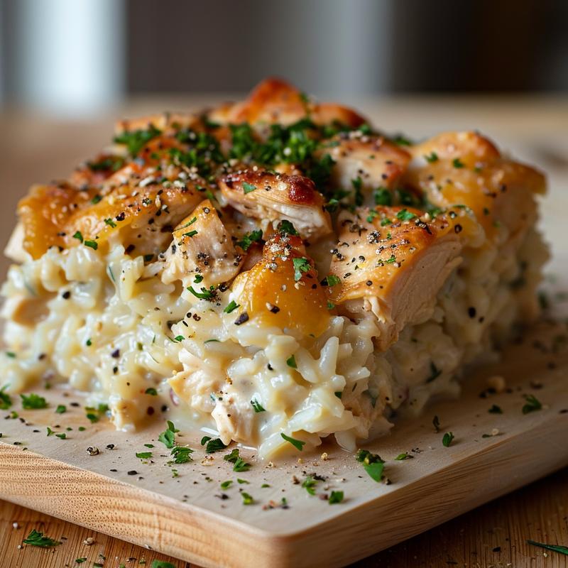 Close-up of a creamy chicken and rice casserole served on a light wood board.