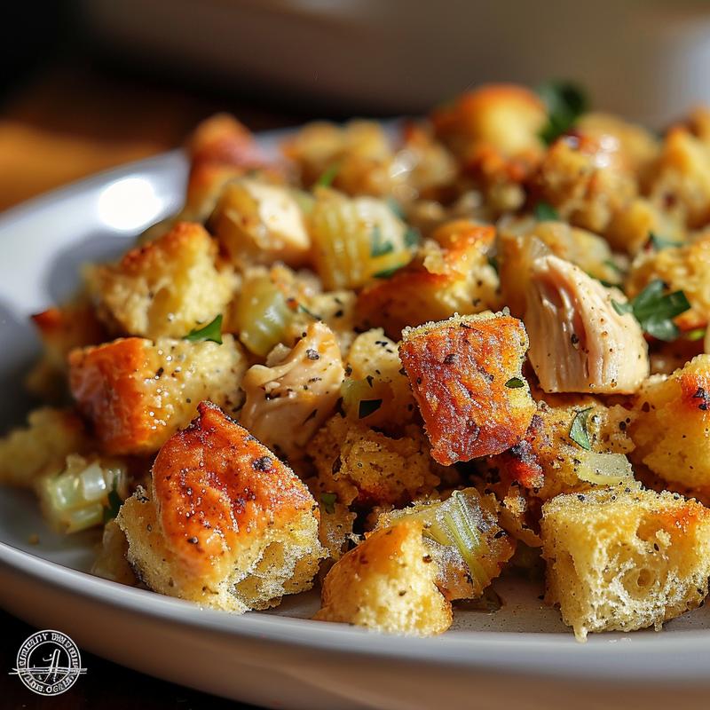 Close-up of a delicious portion of chicken and stuffing casserole on a light grey ceramic plate.