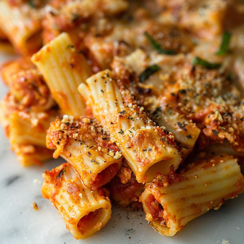 Close-up of a delicious portion of vegetarian baked ziti on a white marble surface.