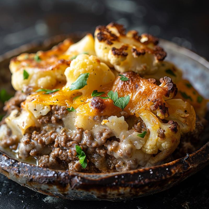 Close-up of a low carb ground beef casserole topped with cauliflower, showcasing rich textures on a dark stone countertop.