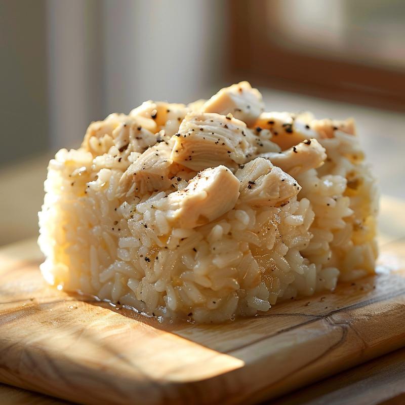 Close-up of a portion of chicken rice bake on a light wooden board.
