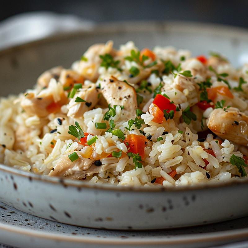 Close-up of a delicious portion of chicken and rice on a grey plate.