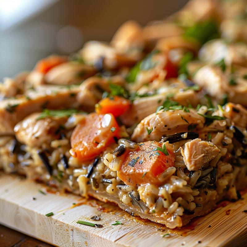 Close-up of a creamy chicken and wild rice casserole served in a minimalist style on a light wooden board.