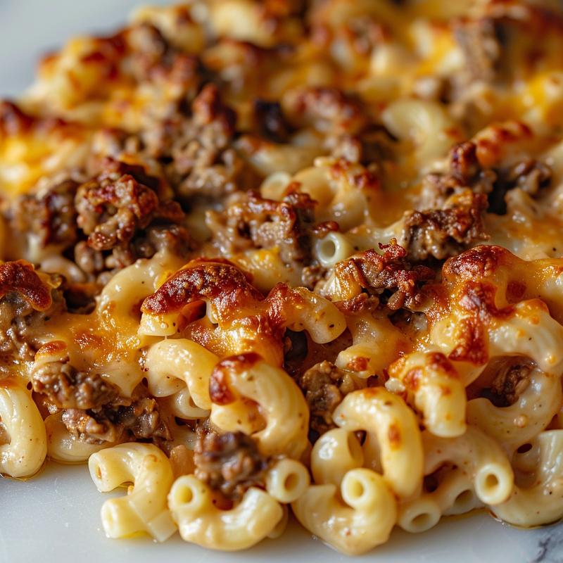 Close-up of a cheesy beef macaroni casserole on a white marble surface.