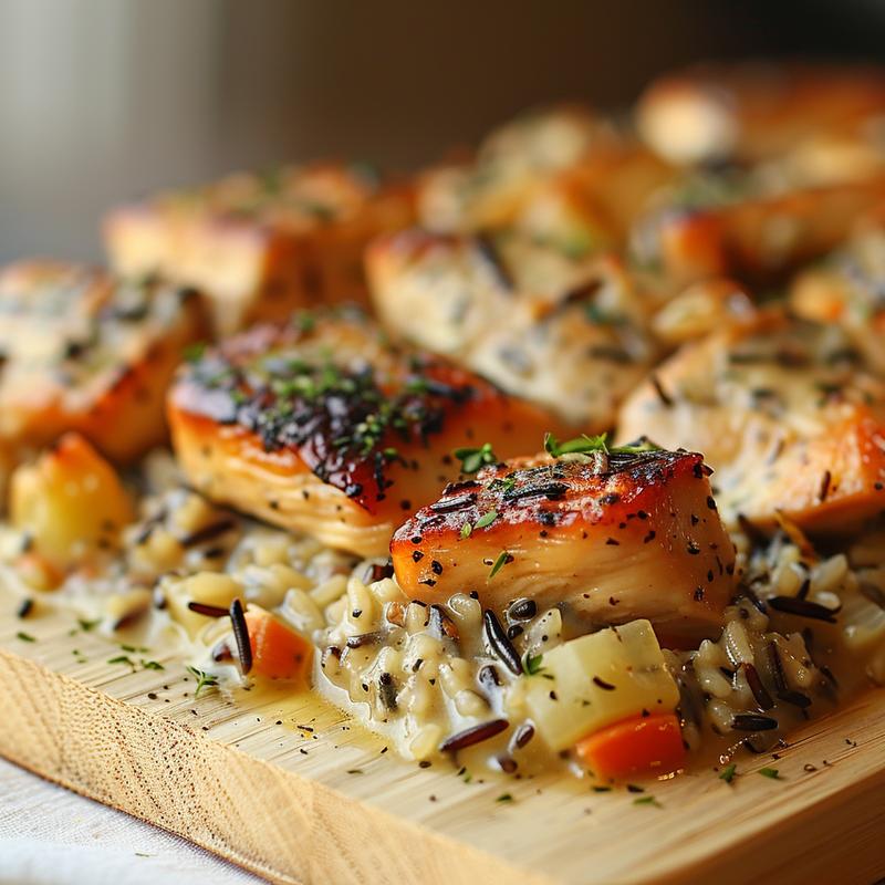 Close-up view of a creamy chicken wild rice casserole on a wooden board, highlighting its texture.