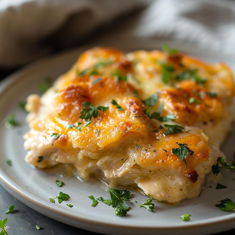 A close-up shot of a portion of low carb chicken casserole on a light grey plate.
