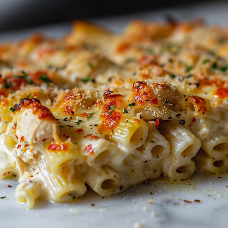 Close-up of creamy Tuscan chicken pasta bake topped with garlic parmesan on a white marble surface.