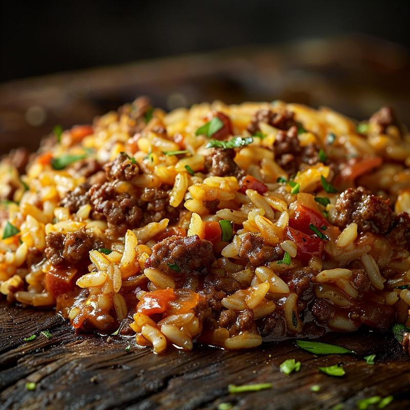 Close-up of a delicious ground beef and rice casserole on a rustic wooden table.