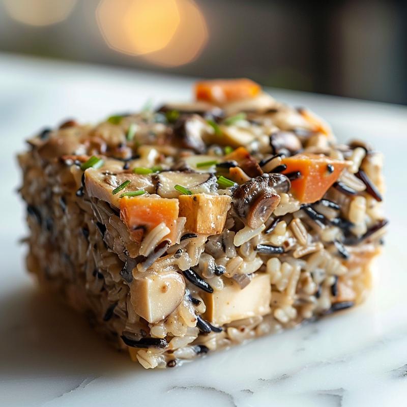 A close-up view of a portion of wild rice and mushroom casserole on a white marble surface, showcasing its rich textures and colors.
