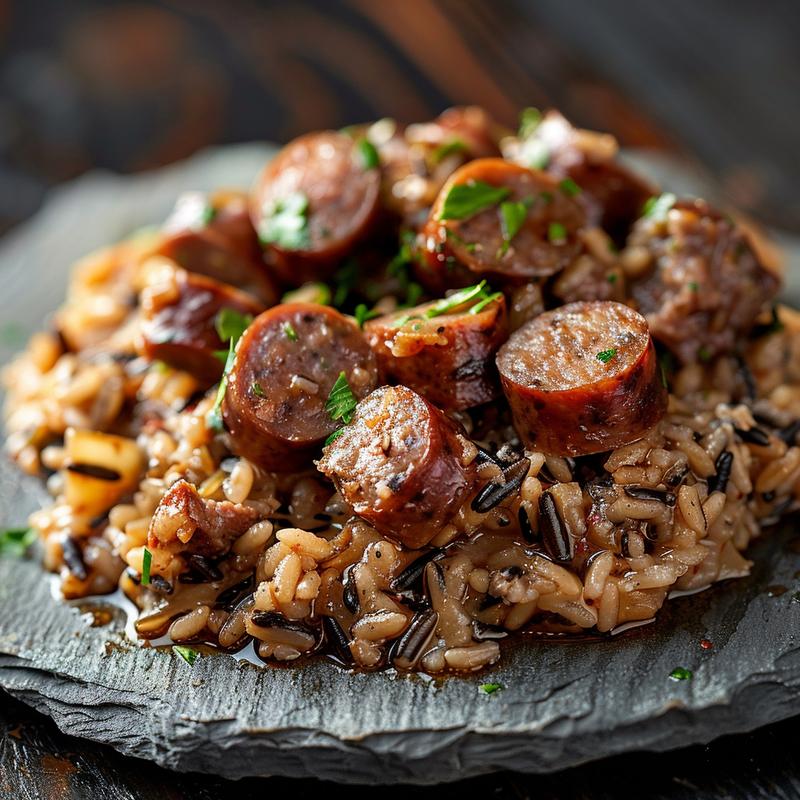 Close-up of beef sausage and wild rice casserole on a rustic plate with dramatic lighting.