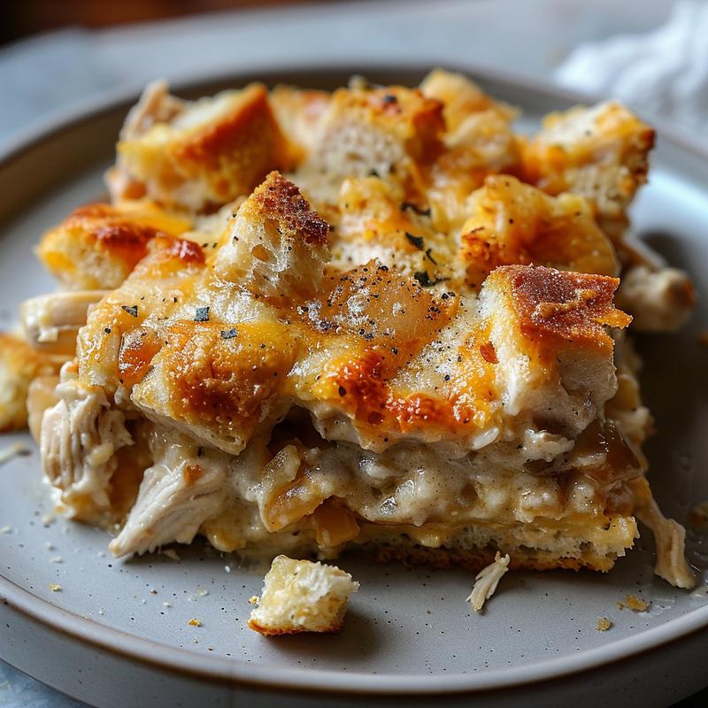 Close-up view of a delicious chicken casserole on a light grey ceramic plate, showcasing texture and layers.