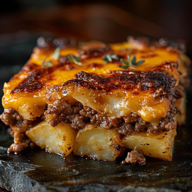 A close-up shot of cheesy hamburger potato casserole with a golden crust on a dark stone countertop.