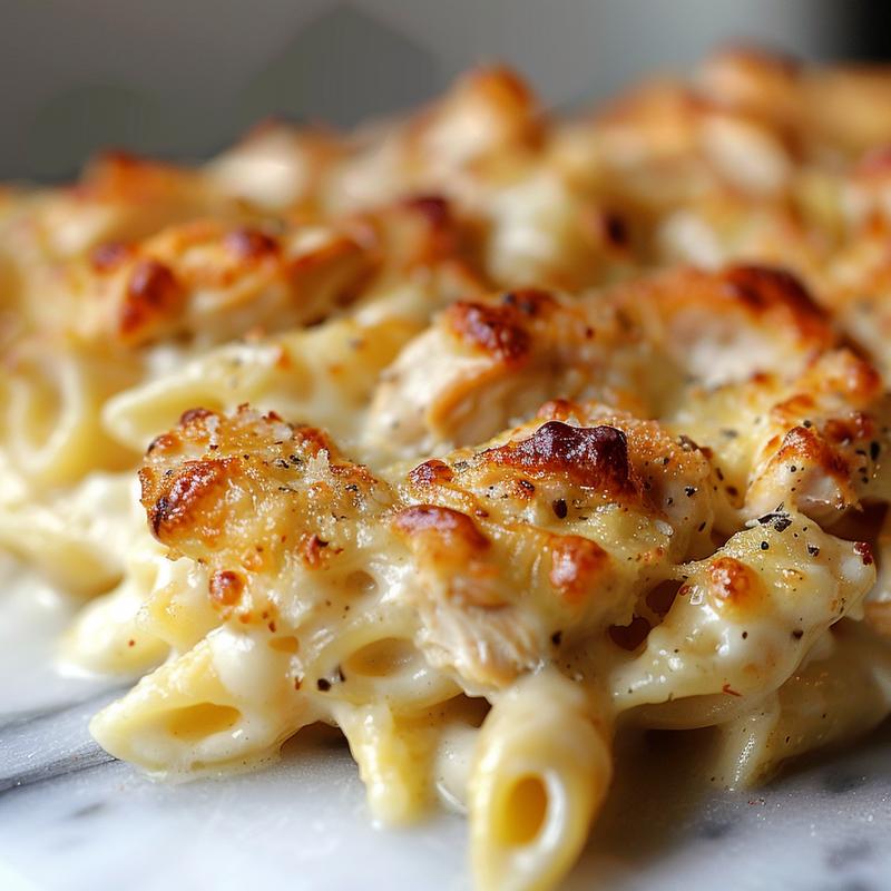 Close-up of baked chicken alfredo pasta, creamy sauce, and cheese on a marble surface.