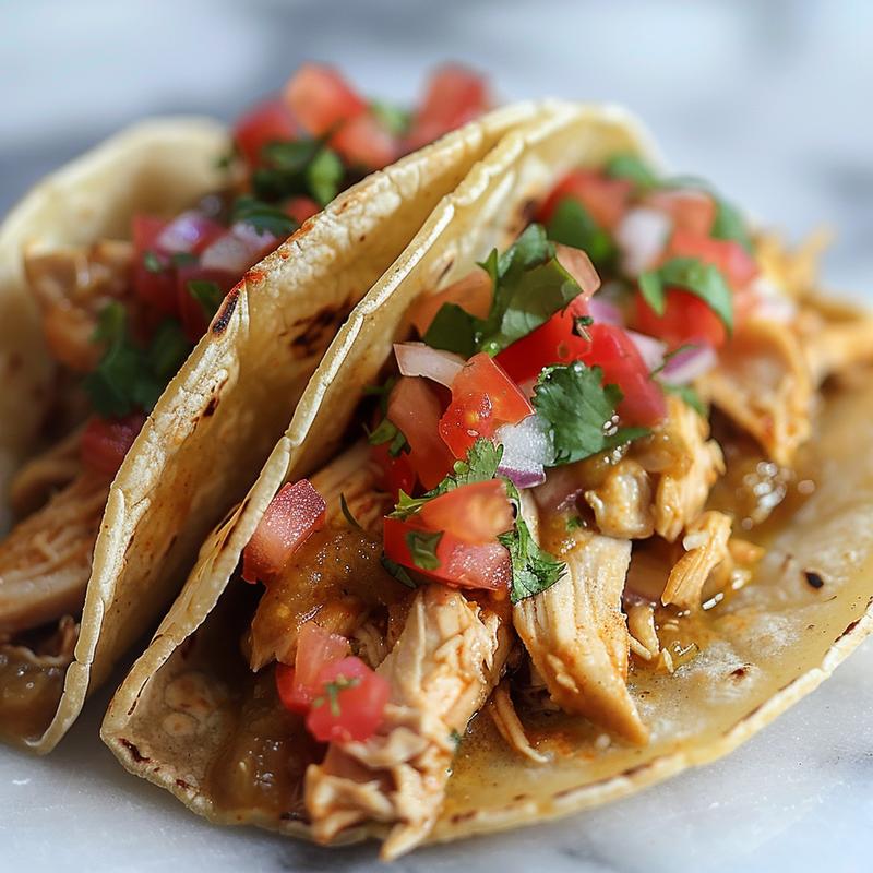 A close-up of a delicious portion of crockpot chicken tacos on a white marble surface.