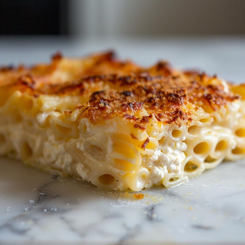 Close-up of a creamy cottage cheese pasta bake on a marble surface.