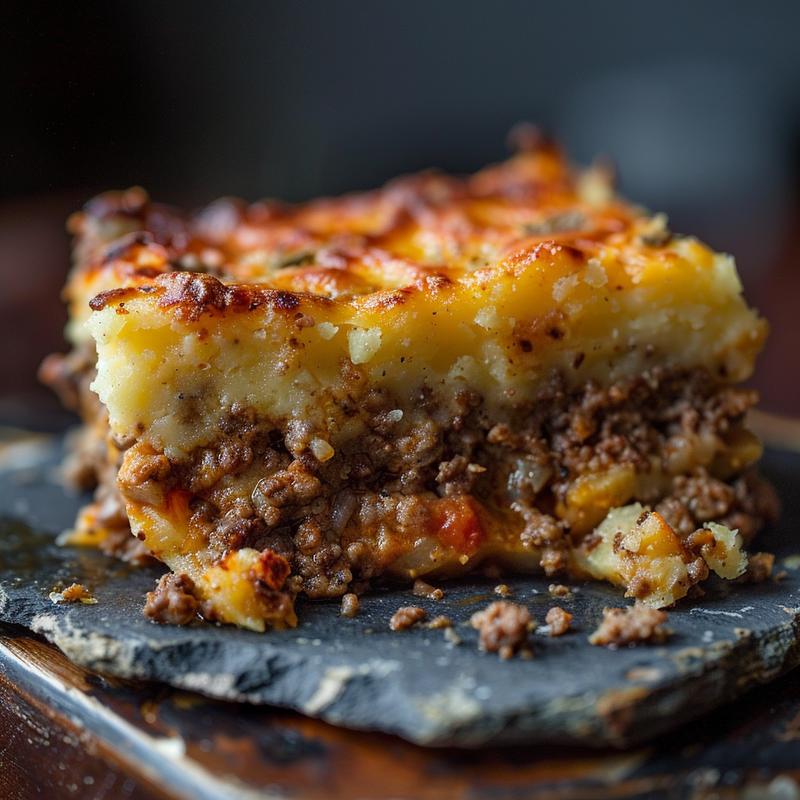 A close-up of a creamy dairy-free ground beef casserole served on a rustic slate plate.