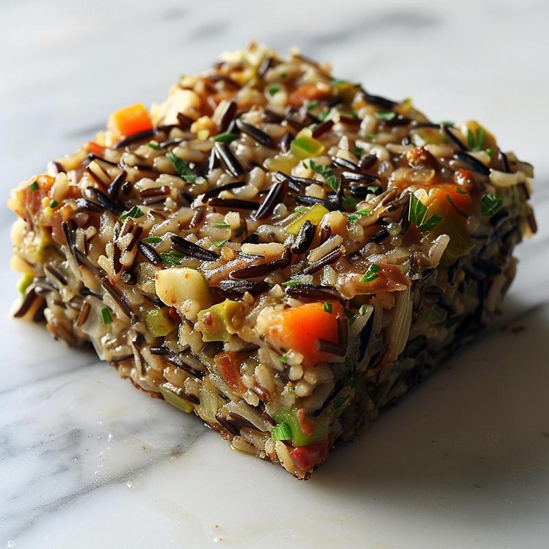 A close-up of a steaming portion of wild rice casserole with visible grains and colorful vegetables.