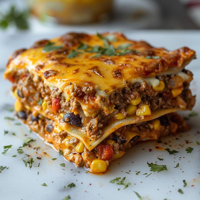 Close-up view of a cheesy Mexican casserole served in a minimalist setting.