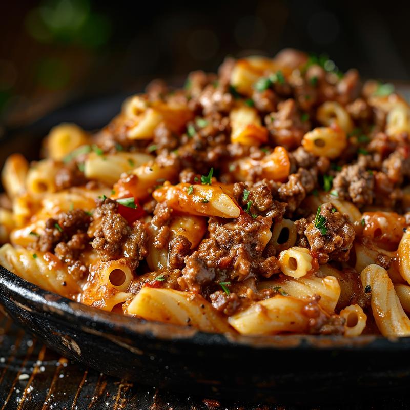 Close-up of a ground beef and pasta casserole, showcasing rich textures and golden-brown edges.