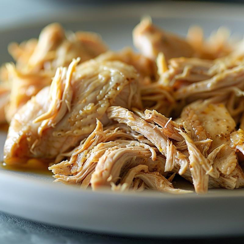Close-up of tender, shredded chicken served on a light grey ceramic plate.
