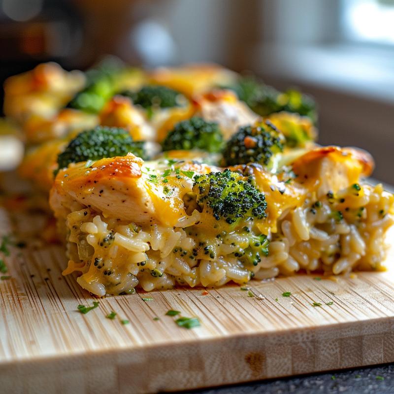 Close-up of a portion of skinny cheesy chicken and broccoli rice casserole on a wooden board, showcasing its creamy texture.