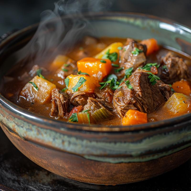 Close-up of a steaming bowl of beef stew in a rustic setting.