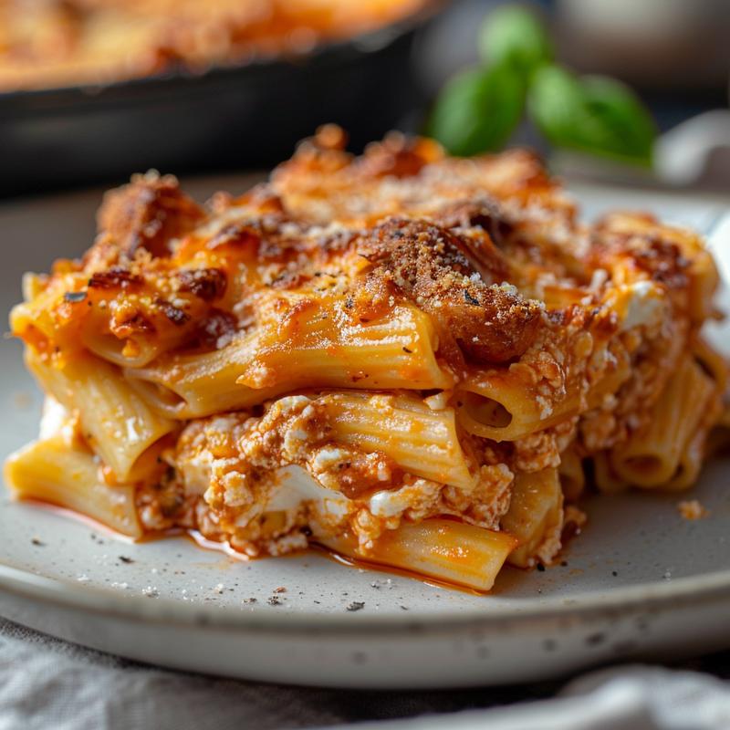 Close-up of a creamy ricotta pasta bake on a light grey ceramic plate.