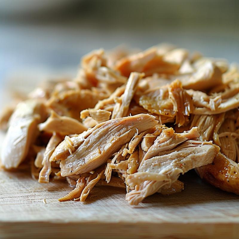 Close-up of juicy shredded chicken on a natural wood board with soft shadows.
