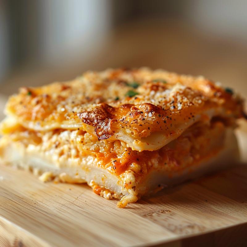 Close-up view of a keto chicken mushroom casserole on a light wood board.