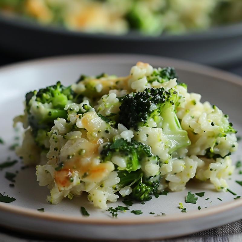 Close-up view of broccoli rice casserole on a light grey plate with soft shadows.