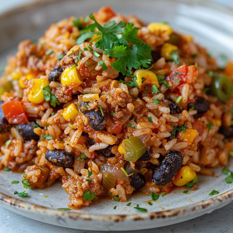 Close-up of a serving of Mexican rice casserole on a light grey plate.