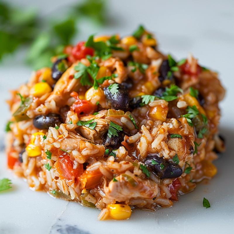 Close-up of a portion of Mexican chicken and rice casserole on a white marble surface.
